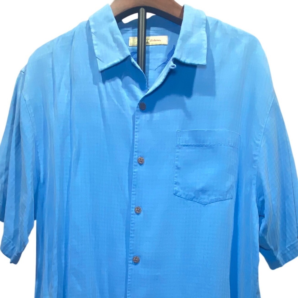 Tommy Bahama Mens Large Silk Button Down Shirt Bright Blue Textured Short Sleeve